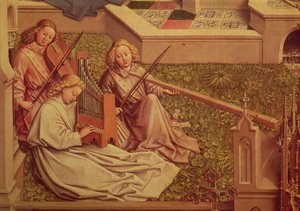 恵みの泉、3人の天使のミュージシャンの詳細 作： Jan van Eyck